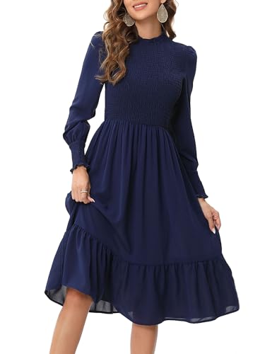 KOJOOIN Damen Lange Kleid Langarm Casual Maxikleid Swing Kleid mit Rüschen Dunklblau-Langarm M von KOJOOIN