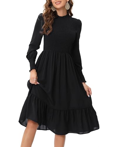 KOJOOIN Damen Lange Kleid Langarm Casual Maxikleid Swing Kleid mit Rüschen Schwaz-Langarm M von KOJOOIN