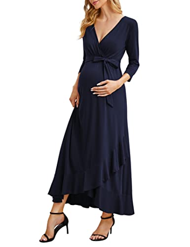 KOJOOIN Damen Lange Umstandskleider V-Ausschnitt 3/4 Ärmel Stillkleid Schwangerschafts Rüschen Abendkleid mit Gürtel DunKelblau(3/4 Ärmel) L von KOJOOIN