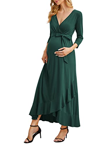 KOJOOIN Damen Lange Umstandskleider V-Ausschnitt 3/4 Ärmel Stillkleid Schwangerschafts Rüschen Abendkleid mit Gürtel Dunkelgrün(3/4 Ärmel) XL von KOJOOIN