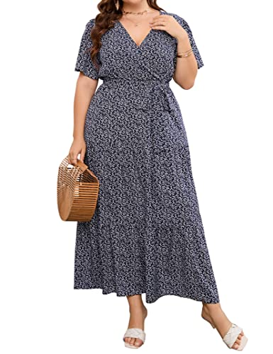 KOJOOIN Damen-Maxikleid mit V-Ausschnitt, kurze Ärmel, hohe Taille, Rüschen, Sommer, Freizeitkleid mit Gürtel, Kurzärmlig, marineblau, weiße Blätter, 3X-Groß von KOJOOIN