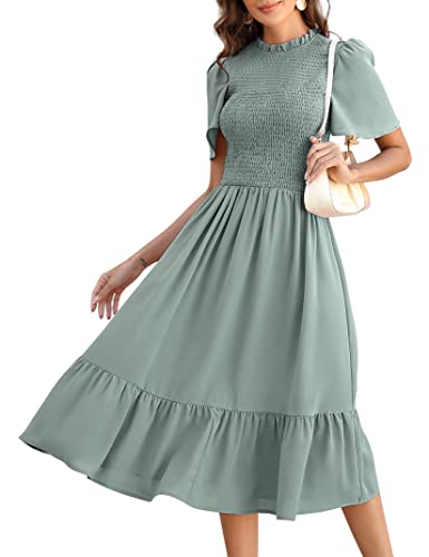 KOJOOIN Damen Kleid Lange Sommerkleid Casual Swing Kleid Kurzärm Maxikleid Rüschen Freizeitkleid Grün L von KOJOOIN