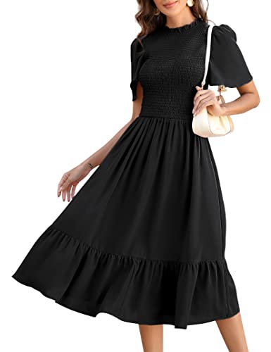 KOJOOIN Damen Kleid Lange Sommerkleid Casual Swing Kleid Kurzärm Maxikleid Rüschen Freizeitkleid Schwaz M von KOJOOIN