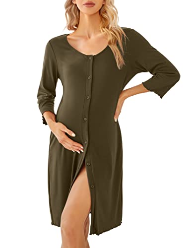 KOJOOIN Damen Nachthemd Geburt Stillnachthemd 3/4 Ärmel Nachtwäsche Baumwolle Umstandsnachthemd mit Durchgehender Knopfleiste Nachtkleid Armeegrün（3/4 Ärmel） XL von KOJOOIN