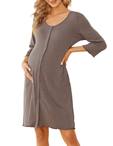 KOJOOIN Damen Nachthemd Geburt Stillnachthemd 3/4 Ärmel Nachtwäsche Baumwolle Umstandsnachthemd mit Durchgehender Knopfleiste Nachtkleid Braun（3/4 Ärmel） XXL von KOJOOIN