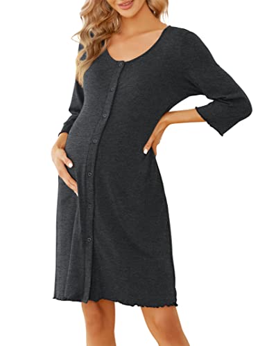 KOJOOIN Damen Nachthemd Geburt Stillnachthemd 3/4 Ärmel Nachtwäsche Baumwolle Umstandsnachthemd mit Durchgehender Knopfleiste Nachtkleid Dunkelgrau（3/4 Ärmel） XL von KOJOOIN