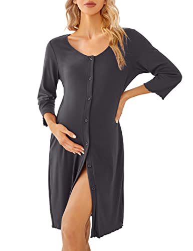 KOJOOIN Damen Nachthemd Geburt Stillnachthemd 3/4 Ärmel Nachtwäsche Baumwolle Umstandsnachthemd mit Durchgehender Knopfleiste Nachtkleid Grau（3/4 Ärmel） XL von KOJOOIN