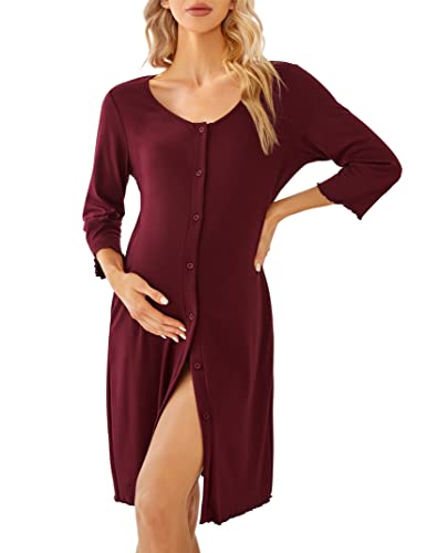 KOJOOIN Damen Nachthemd Geburt Stillnachthemd 3/4 Ärmel Nachtwäsche Baumwolle Umstandsnachthemd mit Durchgehender Knopfleiste Nachtkleid Weinrot（3/4 Ärmel） XL von KOJOOIN