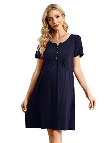 KOJOOIN Damen Nachthemd Geburt Stillnachthemd Baumwolle Nachtwäsche Umstandsnachthemd mit Knopfleiste Nachtkleid Dunkelblau(Kurzarm) XL von KOJOOIN
