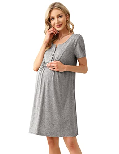 KOJOOIN Damen Nachthemd Geburt Stillnachthemd Baumwolle Nachtwäsche Umstandsnachthemd mit Knopfleiste Nachtkleid Hellgrau(Kurzarm) XXL von KOJOOIN