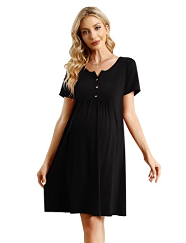 KOJOOIN Damen Nachthemd Geburt Stillnachthemd Baumwolle Nachtwäsche Umstandsnachthemd mit Knopfleiste Nachtkleid Schwarz(Kurzarm) XL von KOJOOIN