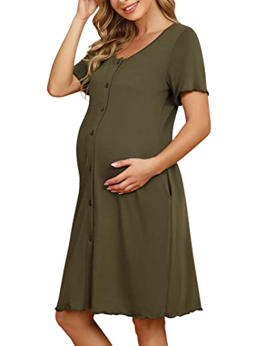 KOJOOIN Damen Nachthemd Geburt Stillnachthemd Kurzarm Nachtwäsche Baumwolle Umstandsnachthemd mit Durchgehender Knopfleiste Nachtkleid Armeegrün(Kurzarm) XL von KOJOOIN