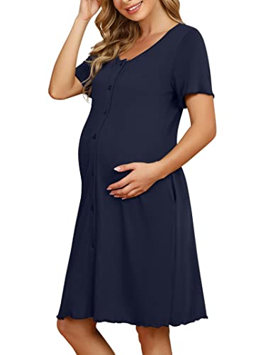 KOJOOIN Damen Nachthemd Geburt Stillnachthemd Kurzarm Nachtwäsche Baumwolle Umstandsnachthemd mit Durchgehender Knopfleiste Nachtkleid DunKelblau(Kurzarm) XL von KOJOOIN