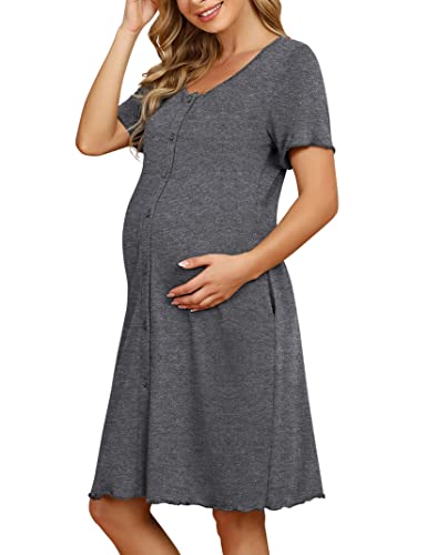 KOJOOIN Damen Nachthemd Geburt Stillnachthemd Kurzarm Nachtwäsche Baumwolle Umstandsnachthemd mit Durchgehender Knopfleiste Nachtkleid Dunkelgrau(Kurzarm) XL von KOJOOIN