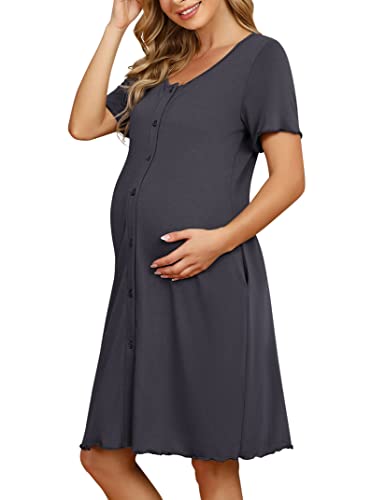 KOJOOIN Damen Nachthemd Geburt Stillnachthemd Kurzarm Nachtwäsche Baumwolle Umstandsnachthemd mit Durchgehender Knopfleiste Nachtkleid Grau(Kurzarm) XL von KOJOOIN