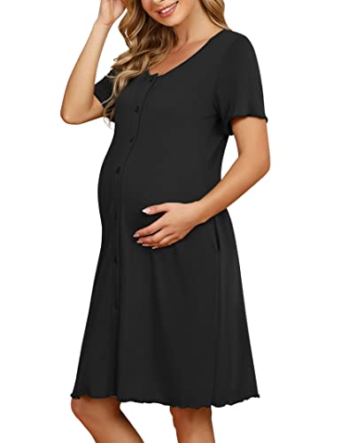 KOJOOIN Damen Nachthemd Geburt Stillnachthemd Kurzarm Nachtwäsche Baumwolle Umstandsnachthemd mit Durchgehender Knopfleiste Nachtkleid Schwarz(Kurzarm) XL von KOJOOIN