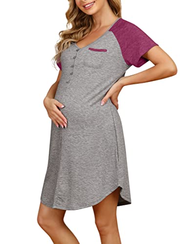 KOJOOIN Damen Nachthemd mit Knopfleiste, Sitllnachthemd Baumwolle Umstandskleid V Ausschnitt Schlafanzug für Schwangere Hellgrau B(Kurzarm) S von KOJOOIN