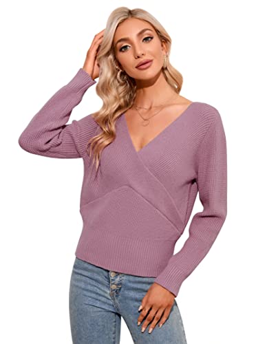 KOJOOIN Damen Pullover Elegant V-Ausschnitt Strickpullover Casual Langarm Cross Sweater Oberteile Rosa,M von KOJOOIN