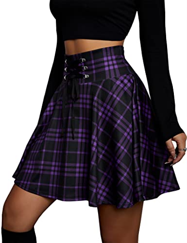 KOJOOIN Damen Rock Kariert Mini-Faltenrock Gothic Kleid Hohe Taille Cosplay Kleid A-Linie zum Schnüren Grape L von KOJOOIN