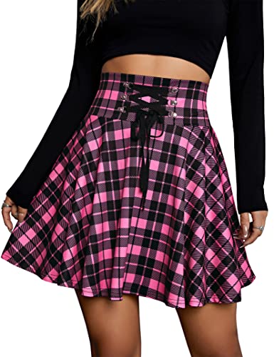 KOJOOIN Damen Rock Kariert Mini-Faltenrock Gothic Kleid Hohe Taille Cosplay Kleid A-Linie zum Schnüren Rosa L von KOJOOIN