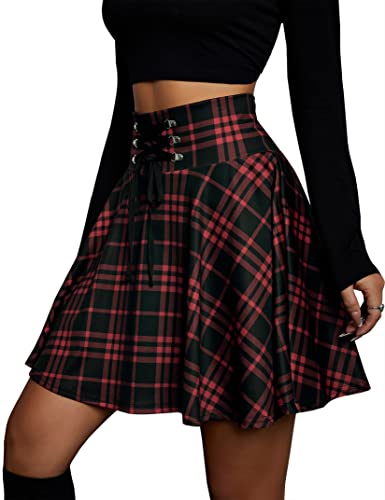 KOJOOIN Damen Rock Kariert Mini-Faltenrock Gothic Kleid Hohe Taille Cosplay Kleid A-Linie zum Schnüren Rot S von KOJOOIN