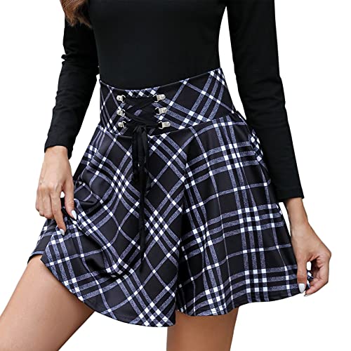 KOJOOIN Damen Rock Kariert Mini-Faltenrock Gothic Kleid Hohe Taille Cosplay Kleid A-Linie zum Schnüren Schwarz 1 L von KOJOOIN