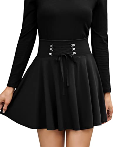 KOJOOIN Damen Rock Kariert Mini-Faltenrock Gothic Kleid Hohe Taille Cosplay Kleid A-Linie zum Schnüren Schwarz 2 XL von KOJOOIN