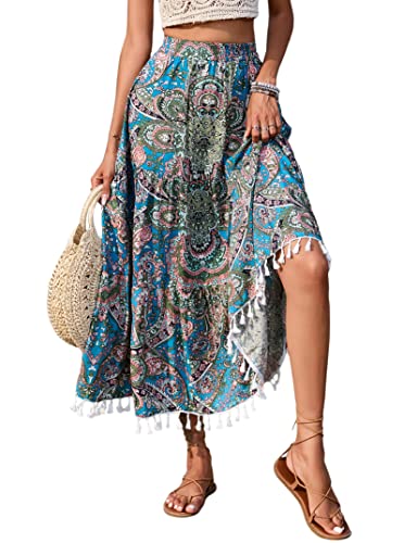 KOJOOIN Damen Rock lang Maxirock Boho Elastische Taille Blumen Sommerrock Rüschen A-Linien Strandrock elegant Faltenrock mit Quaste (Verpackung MEHRWEG), A-Blau, L von KOJOOIN