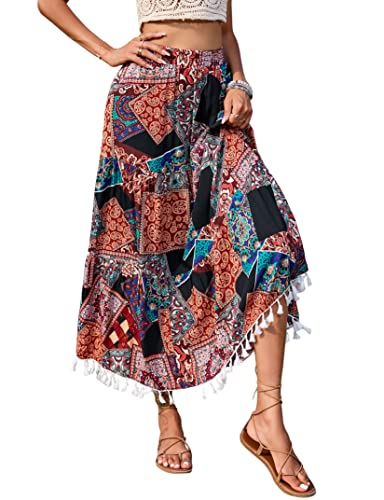 KOJOOIN Damen Rock lang Maxirock Boho Elastische Taille Blumen Sommerrock Rüschen A-Linien Strandrock elegant Faltenrock mit Quaste (Verpackung MEHRWEG), A-Dunkelblau, L von KOJOOIN