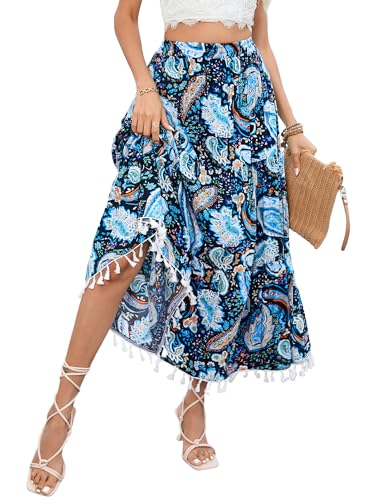 KOJOOIN Damen Rock lang Maxirock Boho Elastische Taille Blumen Sommerrock Rüschen A-Linien Strandrock elegant Faltenrock mit Quaste (Verpackung MEHRWEG), A-Dunkelblau-2, L von KOJOOIN