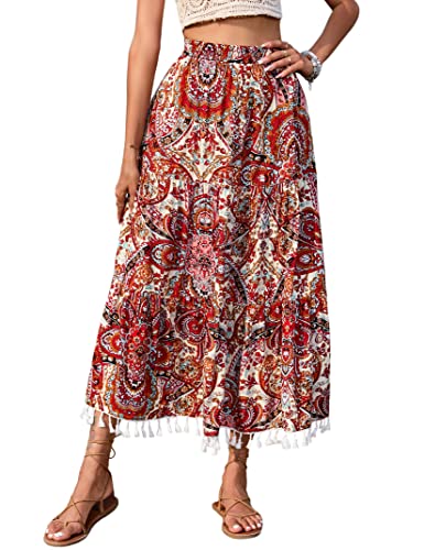 KOJOOIN Damen Rock lang Maxirock Boho Elastische Taille Blumen Sommerrock Rüschen A-Linien Strandrock elegant Faltenrock mit Quaste (Verpackung MEHRWEG), A-Rot, XL von KOJOOIN