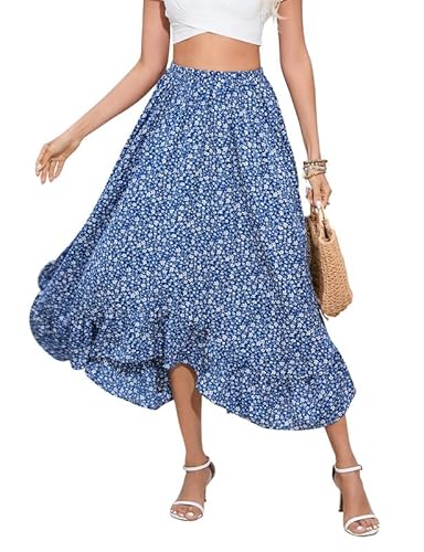 KOJOOIN Damen Rock lang Maxirock Elastische Taille Blumen Sommerrock A-Linien elegant Faltenrock Rüschensaum (Verpackung MEHRWEG), A-Dunkelblau1, XL von KOJOOIN