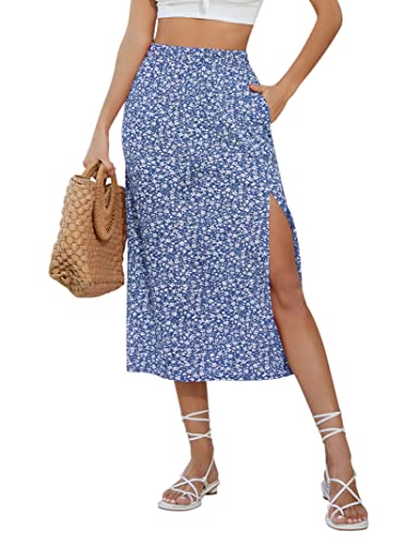 KOJOOIN Damen Rock mit Schlitz A-Linie Blümchen Midirock Boho Split Blumenrock Geblümt Strandrock Floral Freizeitrock Hohe Taille Print Röcke (Verpackung MEHRWEG), A-Blumen-Blau, M von KOJOOIN