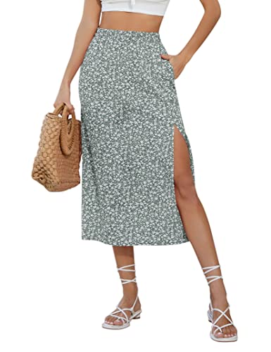 KOJOOIN Damen Rock mit Schlitz A-Linie Blümchen Midirock Boho Split Blumenrock Geblümt Strandrock Floral Freizeitrock Hohe Taille Print Röcke (Verpackung MEHRWEG), A-Blumen-Grün, S von KOJOOIN