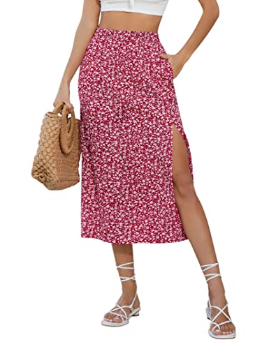 KOJOOIN Damen Rock mit Schlitz A-Linie Blümchen Midirock Boho Split Blumenrock Geblümt Strandrock Floral Freizeitrock Hohe Taille Print Röcke (Verpackung MEHRWEG), A-Blumen-Rot, L von KOJOOIN