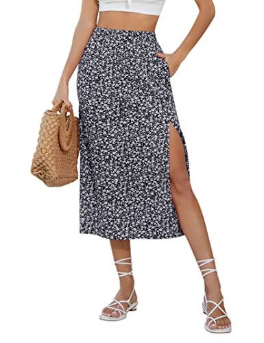 KOJOOIN Damen Rock mit Schlitz A-Linie Blümchen Midirock Boho Split Blumenrock Geblümt Strandrock Floral Freizeitrock Hohe Taille Print Röcke (Verpackung MEHRWEG), A-Blumen-Schwarz, S von KOJOOIN