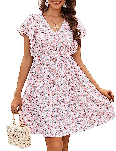 KOJOOIN Damen Rüschen Babydoll Kleid Lang/Kurzarm V-Ausschnitt Hohe Taille Botton Casual Lose Flowy Swing Plissee Tunika Kleid, Pink-Floral, Klein von KOJOOIN