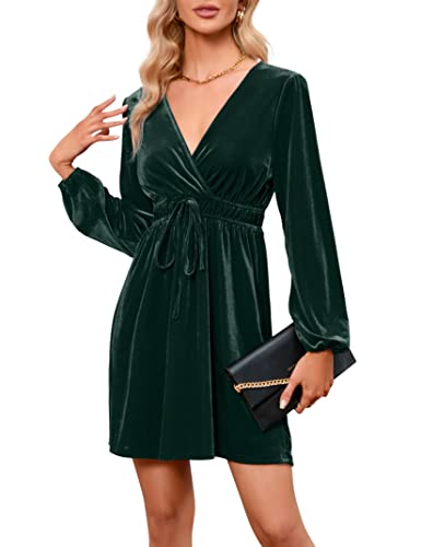 KOJOOIN Damen Samtkleid Causal Velvet Retro Kleid Elegant Abendkleid Sexy V Ausschnitt Partykleid Cocktailkleid Winterkleid Dunkelgrün M von KOJOOIN