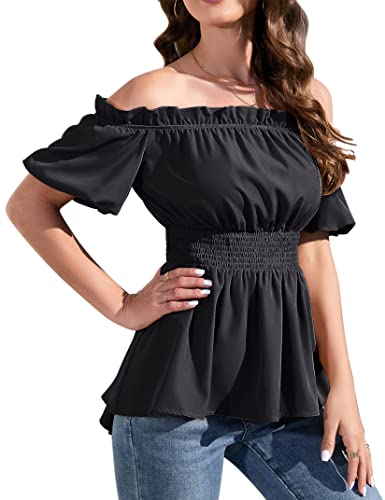 KOJOOIN Damen Schulterfrei Shirts Puffärmel Piraten Blusen Gesmokt Mittelalter Steampunk Renaissance Tops, Schwarzes kurzärmliges Schwarz, XX-Large von KOJOOIN