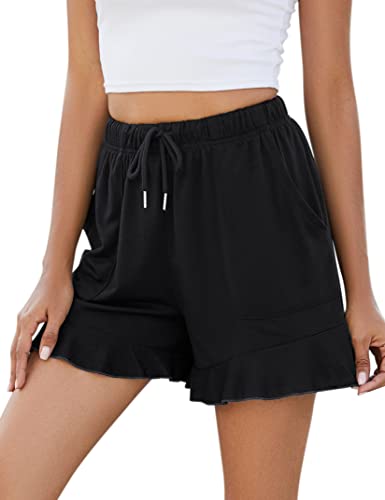 KOJOOIN Damen Shorts Kurze Hose Sommer Sporthose Jogginghose Loose Fit Sweathose mit Taschen,für Jogging Yoga Fitness Freizeithose Schwarz 3XL von KOJOOIN