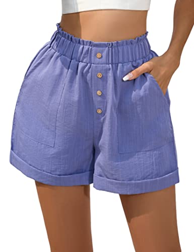 KOJOOIN Damen Shorts mit Taschen Knopfleisten High Waist Locker Kurze Hose Breites Bein Einfarbig Shorts mit Elastischer Taille (Verpackung MEHRWEG), A-Blau, XL von KOJOOIN