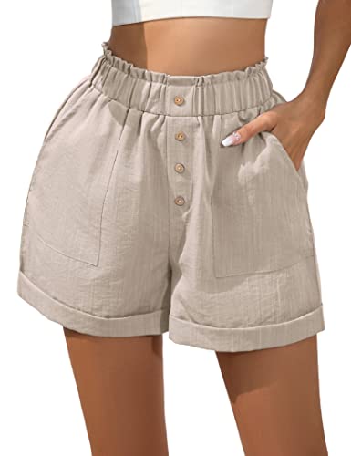 KOJOOIN Damen Shorts mit Taschen Knopfleisten High Waist Locker Kurze Hose Breites Bein Einfarbig Shorts mit Elastischer Taille (Verpackung MEHRWEG), A-Khaki, XXL von KOJOOIN