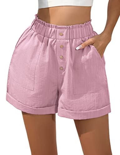 KOJOOIN Damen Shorts mit Taschen Knopfleisten High Waist Locker Kurze Hose Breites Bein Einfarbig Shorts mit Elastischer Taille (Verpackung MEHRWEG), A-Rosa, XL von KOJOOIN