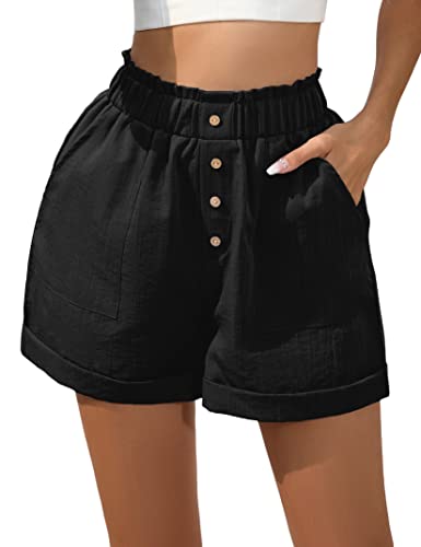 KOJOOIN Damen Shorts mit Taschen Knopfleisten High Waist Locker Kurze Hose Breites Bein Einfarbig Shorts mit Elastischer Taille (Verpackung MEHRWEG), A-Schwarz, XXL von KOJOOIN