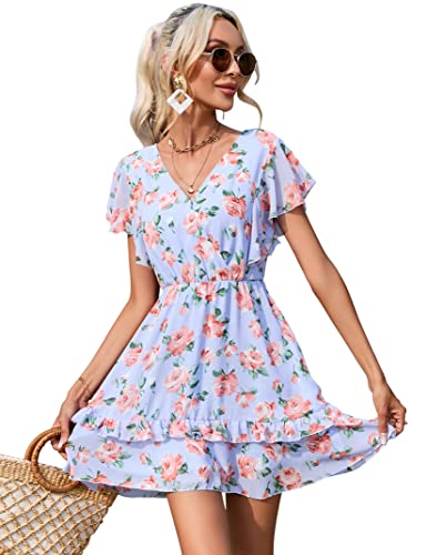 KOJOOIN Damen Sommerkleid Boho Chiffon Blumenkleid V-Ausschnitt kurz Kleid Hohe Taille mit Rüschen Party Kleider Sommer Strandkleid Freizeitkleid Blau L von KOJOOIN