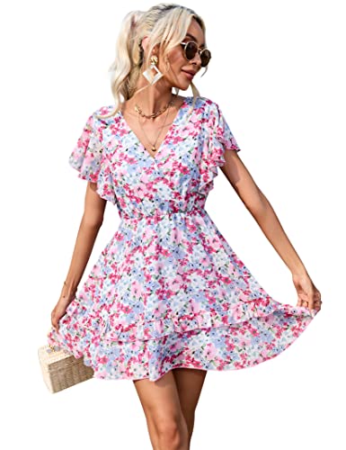 KOJOOIN Damen Sommerkleid Boho Chiffon Blumenkleid V-Ausschnitt kurz Kleid Hohe Taille mit Rüschen Party Kleider Sommer Strandkleid Freizeitkleid Rosa L von KOJOOIN