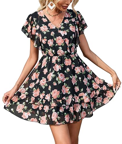 KOJOOIN Damen Sommerkleid Boho Chiffon Blumenkleid V-Ausschnitt kurz Kleid Hohe Taille mit Rüschen Party Kleider Sommer Strandkleid Freizeitkleid Schwarz XL von KOJOOIN