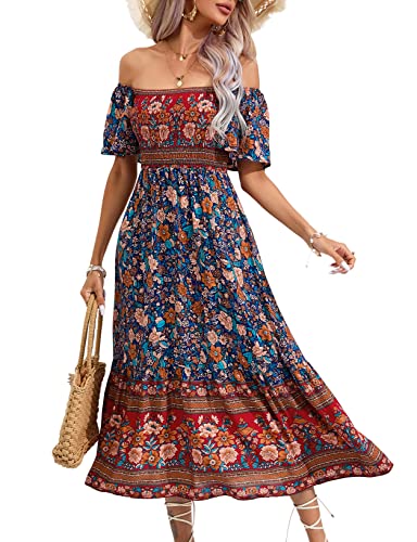 KOJOOIN Damen Sommerkleid Boho Kurzarm Maxikleider Gesmoktes Strandkleid lang Blumenkleid Rüschen Volant Kleid Freizeitkleid (Verpackung MEHRWEG), A-Blau, L von KOJOOIN