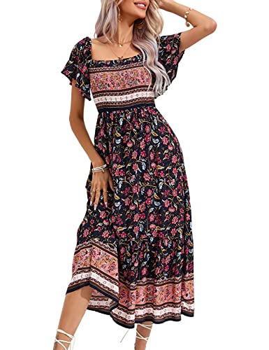 KOJOOIN Damen Sommerkleid Boho Kurzarm Maxikleider Gesmoktes Strandkleid lang Blumenkleid Rüschen Volant Kleid Freizeitkleid (Verpackung MEHRWEG), A-Dunkelblau, S von KOJOOIN