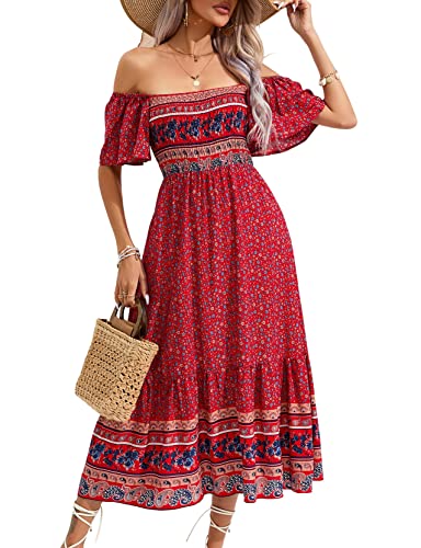 KOJOOIN Damen Sommerkleid Boho Kurzarm Maxikleider Gesmoktes Strandkleid lang Blumenkleid Rüschen Volant Kleid Freizeitkleid (Verpackung MEHRWEG), A-Rot, L von KOJOOIN